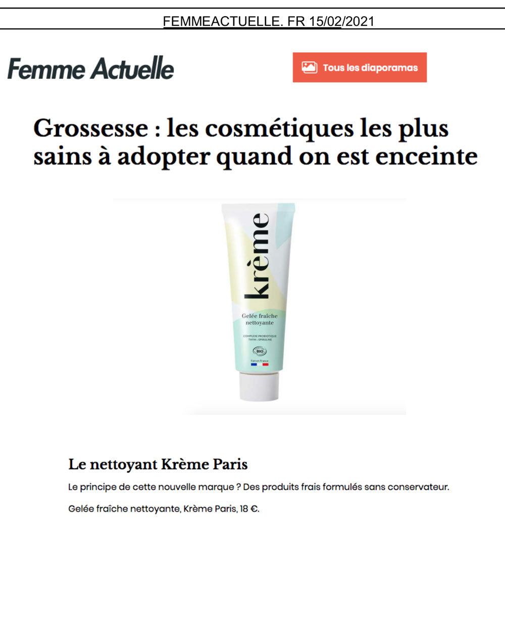 Krème dans Femme Actuelle grossesse